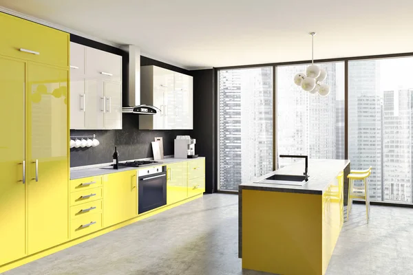 Gray kitchen corner, yellow counters, table — Stock Photo, Image