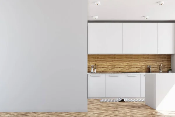 White and wooden kitchen, mock up wall — Stock Photo, Image