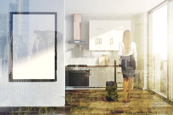 Cozinha branca, balcões cinza, poster tonificado — Fotografia de Stock