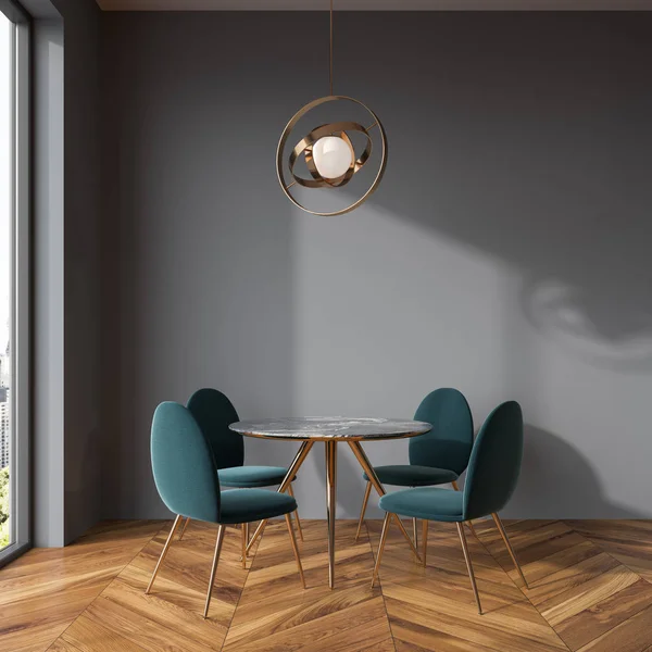 Gray dining room, blue chairs — Stock Photo, Image