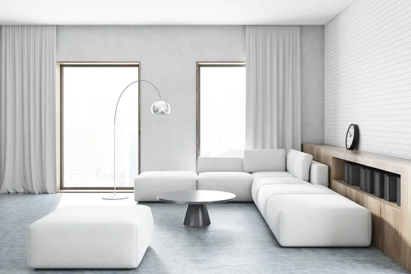 Sala de estar de ladrillo blanco, sofá blanco —  Fotos de Stock