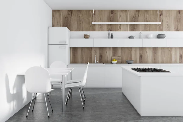 Wooden kitchen, white counters, table — Stock Photo, Image