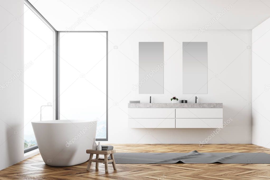 Panoramic white bathroom, double sink