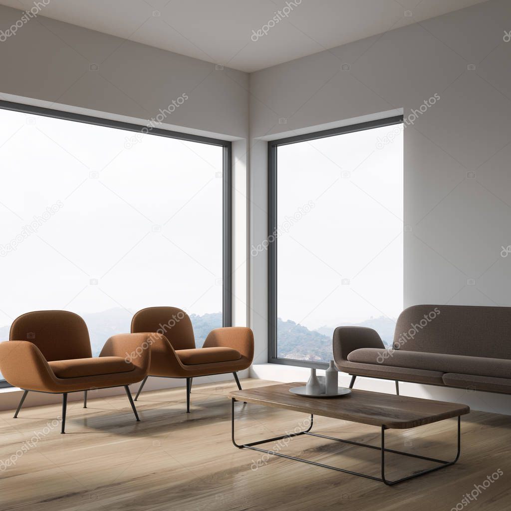 Panoramic living room corner, armchairs and sofa