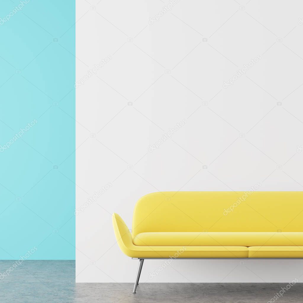 White and blue living room, yellow sofa