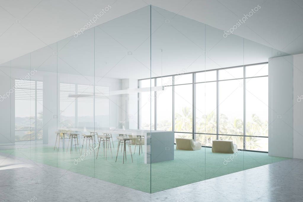 Green floor open space office, glass walls