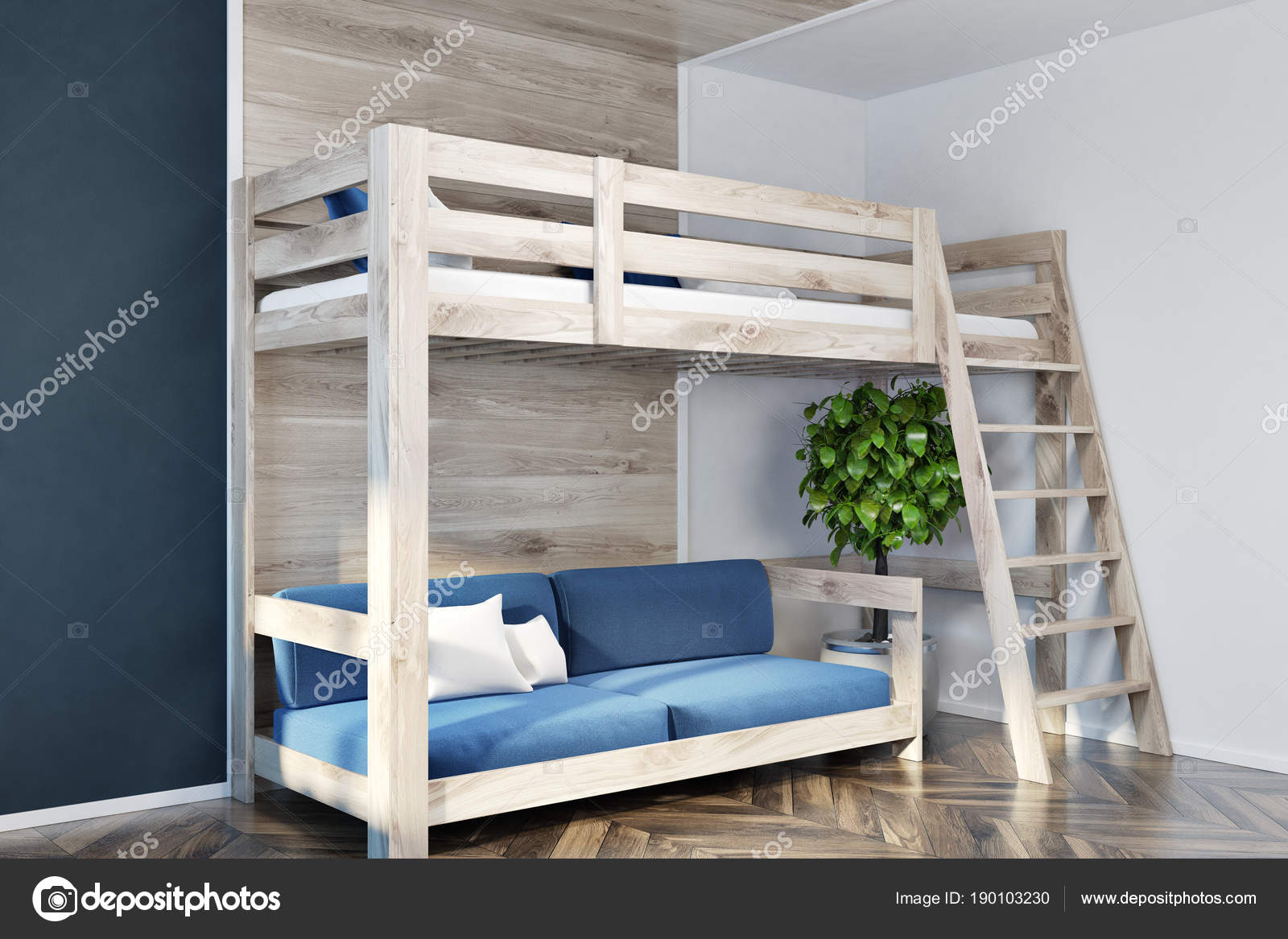 Loft Bed And A Blue Sofa Interior Stock