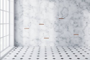 Beyaz mermer ve kiremitli panoramik banyo boş