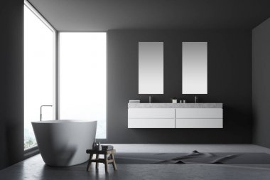 Panoramik gri banyo, çift lavabo