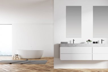 Çift lavabo panoramik beyaz banyo, yakın çekim