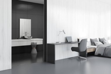 Beyaz yatak odası ve banyo