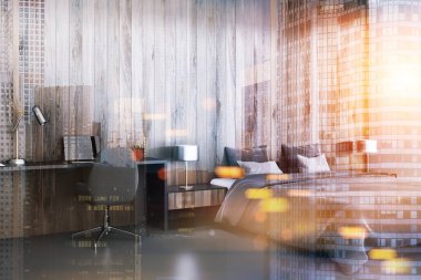 Ahşap yatak odası iç, tonda bilgisayar masası