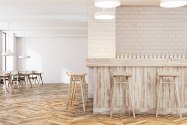 Beyaz tuğla bar iç tablolar görünümü ön.