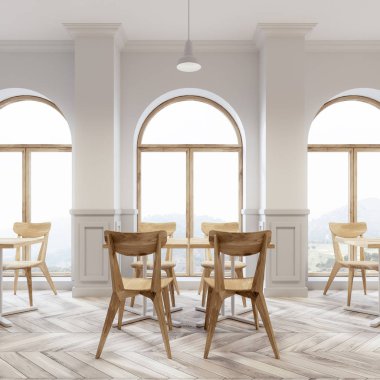 Modern beyaz Cafe, ahşap sandalyeler