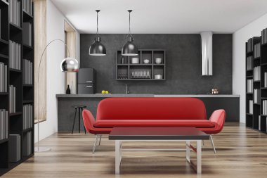 Mutfak ve oturma odası, kırmızı koltuk