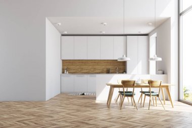 Beyaz ve ahşap mutfak bir tabloya, duvar