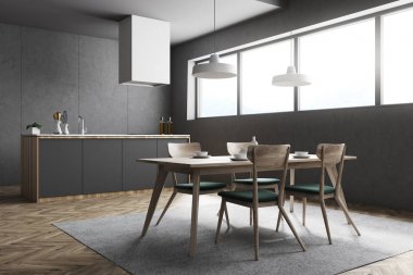 Koyu gri köşe mutfak ve yemek odası