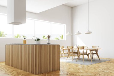 Beyaz mutfak ve yemek odası, ahşap sayaç