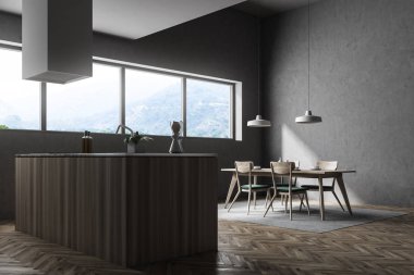 Gri mutfak ve yemek odası, ahşap sayaç