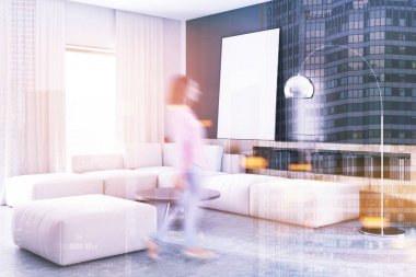 Siyah salon köşe, beyaz kanepe, poster bulanıklık