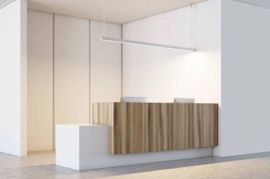 Beyaz ve ahşap ofis iç, Resepsiyon yan