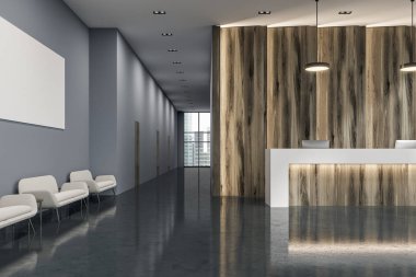 Ahşap modern bir ofis, bekleme odası resepsiyonda