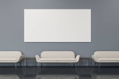 Gri ofis bekleme odası iç kanepe ve poster