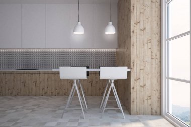 Gri duvar desen mutfak ve bar, yan görünüm