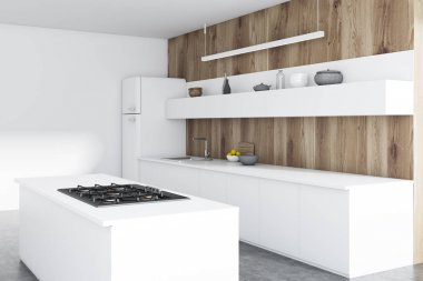 Ahşap mutfak köşesi, beyaz tezgahları