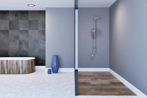 Grijze badkamer interieur, douchecabine en bad — Stockfoto