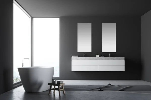 Bagno panoramico grigio, doppio lavabo — Foto Stock