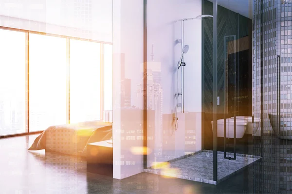 Vita sovrum och badrum inredning tonas — Stockfoto