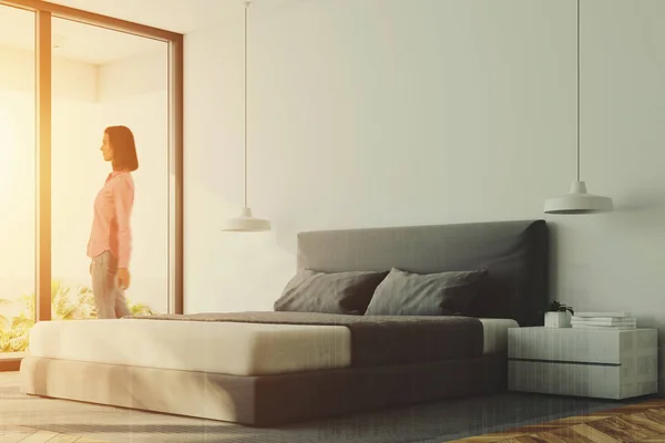 White panoramic bedroom corner, woman — Stock Photo, Image