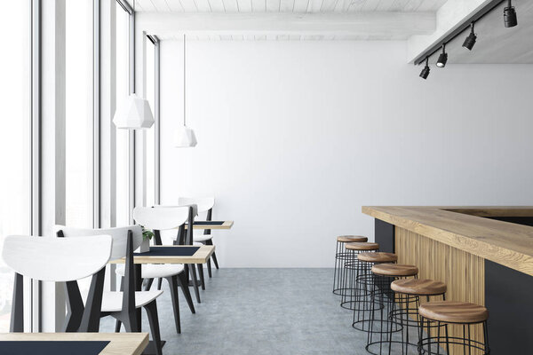 Интерьер белого бара, пустая стена
