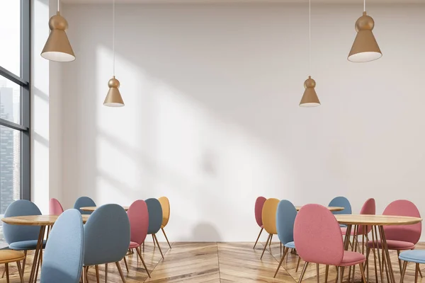 Modern loft cafe interior, colorful chairs