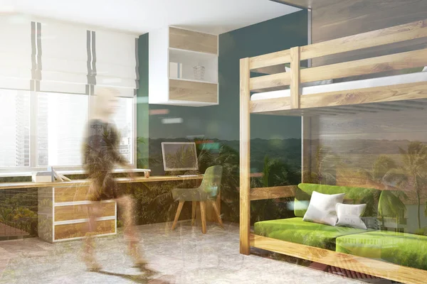 Oficina en casa de pared negra, cama loft verde tonificada —  Fotos de Stock