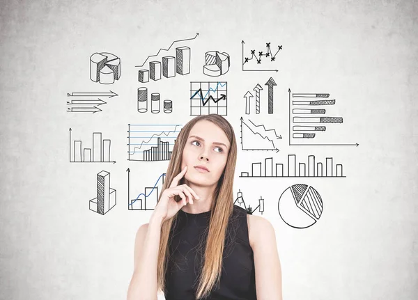 Pensive blonde woman, infographics — Stock Photo, Image