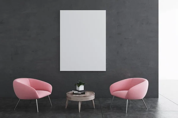 Panoramic living room, pink armchairs, poster