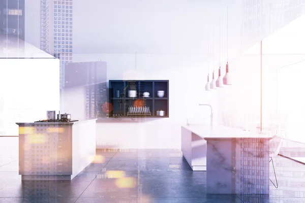 Cozinha de mesa de mármore, paredes brancas tonificadas — Fotografia de Stock
