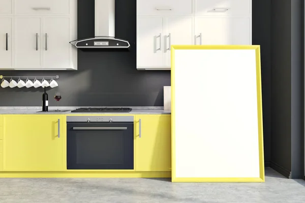 Gray wall kitchen yellow counters, vertical poster — Stock Photo, Image