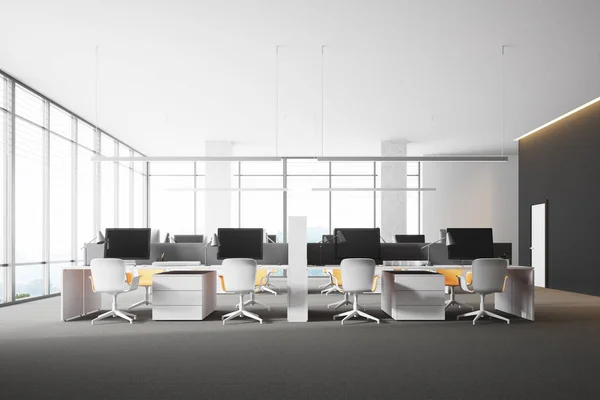 Panoramic open space office, gray walls — Stock Photo, Image