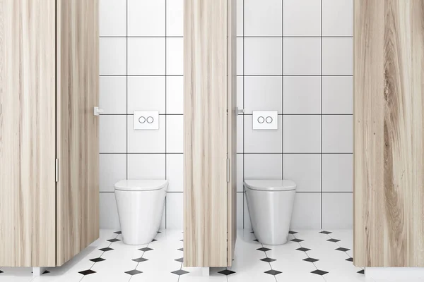 Wooden wall public restroom interior, tiled floor — Stock Photo, Image