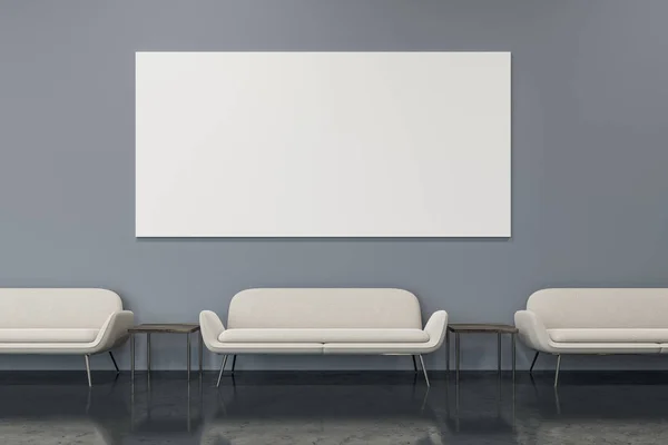 Gray office waiting room interior sofas and poster — Stock Photo, Image