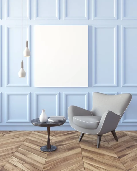 Salón azul claro, sillón gris y póster —  Fotos de Stock