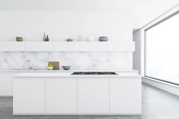 Cozinha em mármore, balcões brancos, bar — Fotografia de Stock