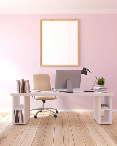 Світло-рожеве домашнє робоче місце, плакат — стокове фото
