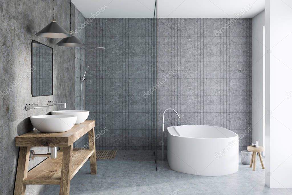 Gray tile bathroom interior