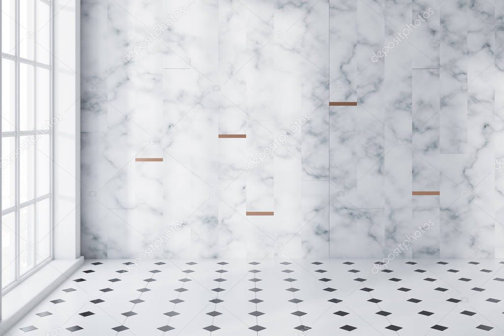 White marble and tiled panoramic bathroom empty
