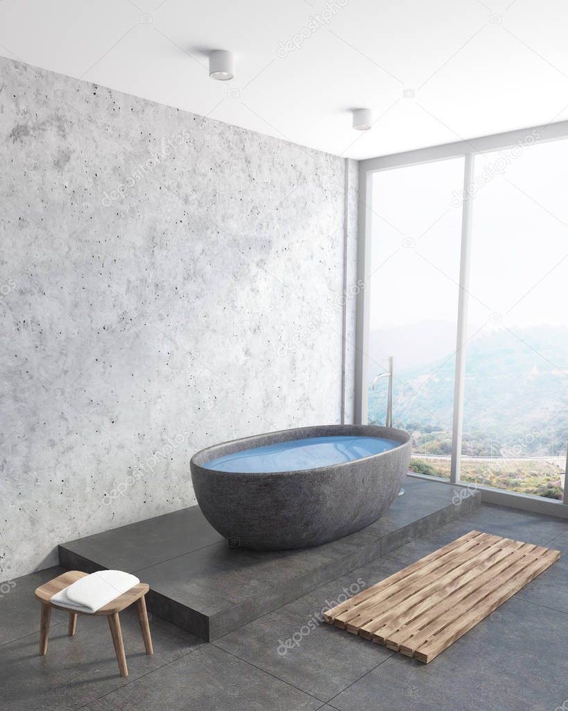 Modern bathroom corner, dark gray tub