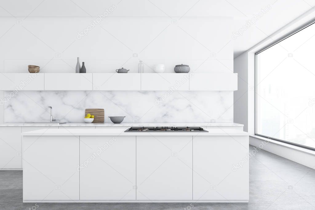 Marble kitchen, white counters, bar